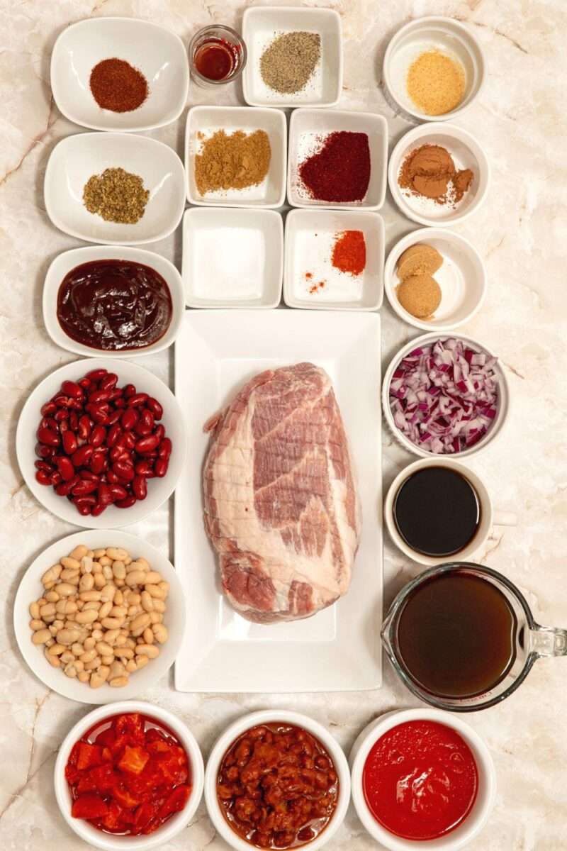 Chili ingredients measured out in quantity for the recipe.