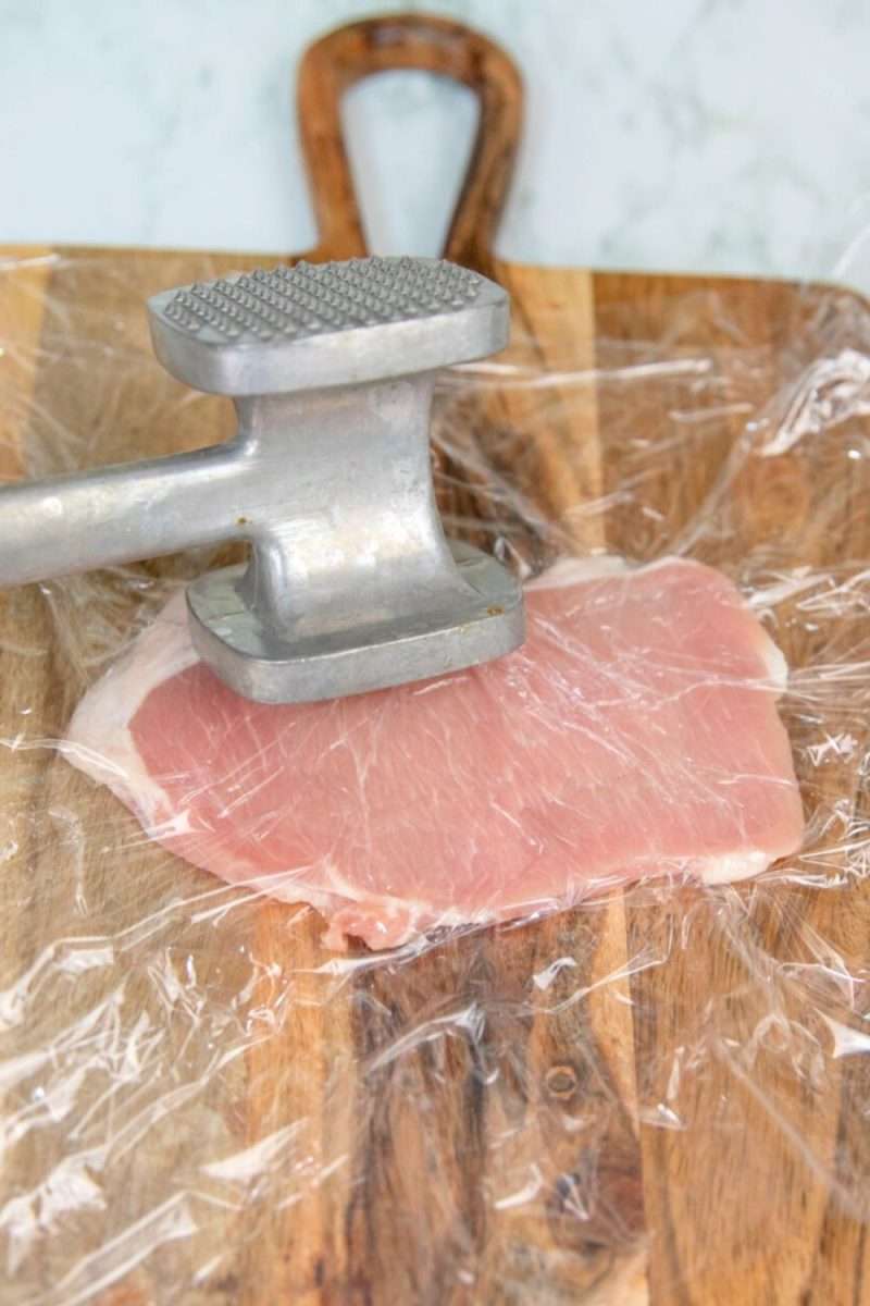 Meat tenderizer hammered out pork cutlet.