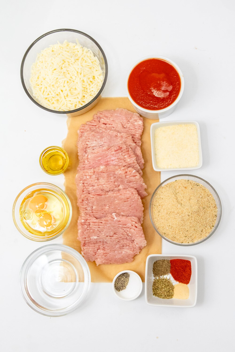 Ingredients measured out to make pork cube steak parmesan.