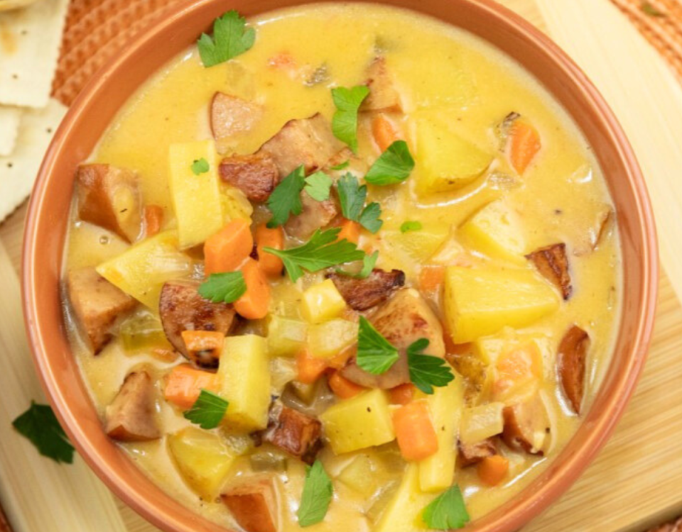Kielbasa soup with potatoes and bacon.