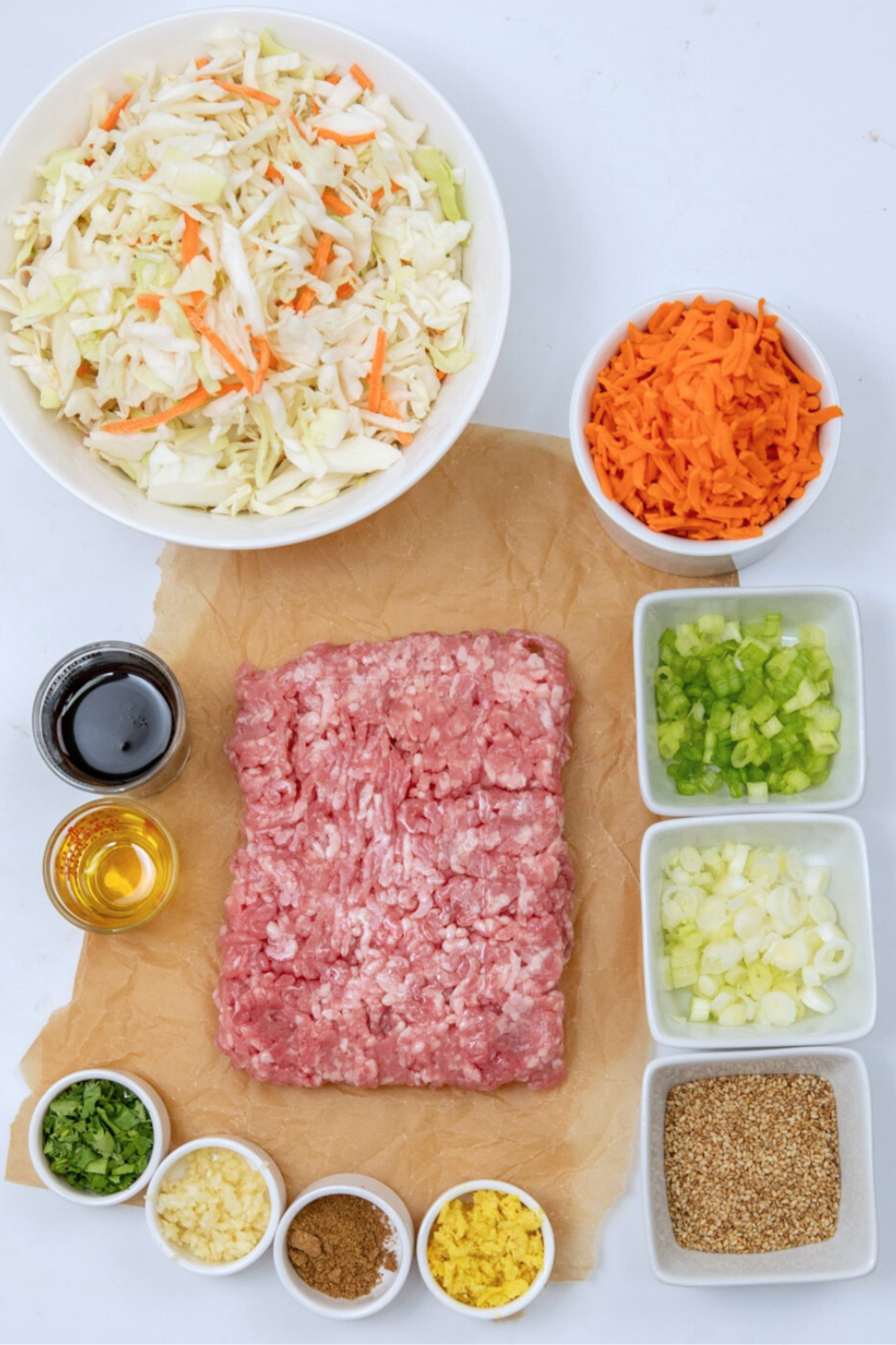 pork-egg-roll-ingredients Ingredients to create pork egg roll in a bowl recipe.