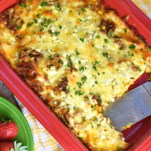 Ground pork croissant breakfast casserole.