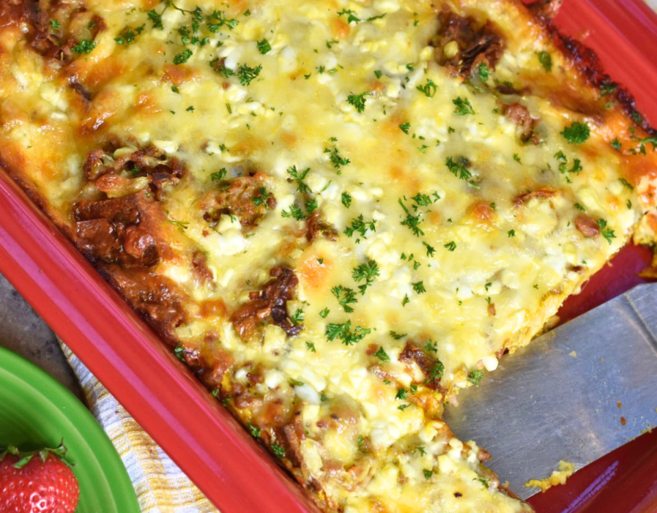 Ground pork croissant breakfast casserole.