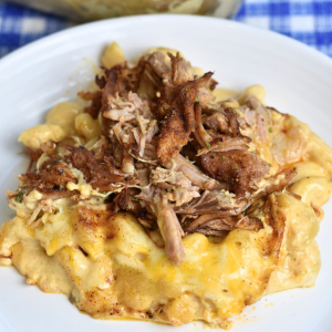 Pulled pork mac and cheese on a white plate.